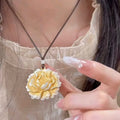 Chinese Peony Flower Pendant Necklace, Vintage Floral Statement Jewelry for Women