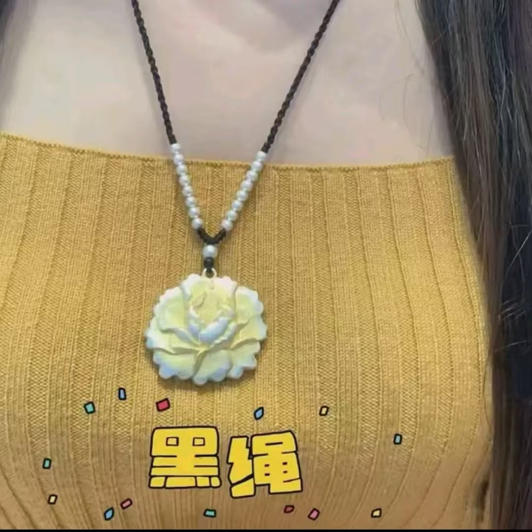 Chinese Peony Flower Pendant Necklace, Vintage Floral Statement Jewelry for Women