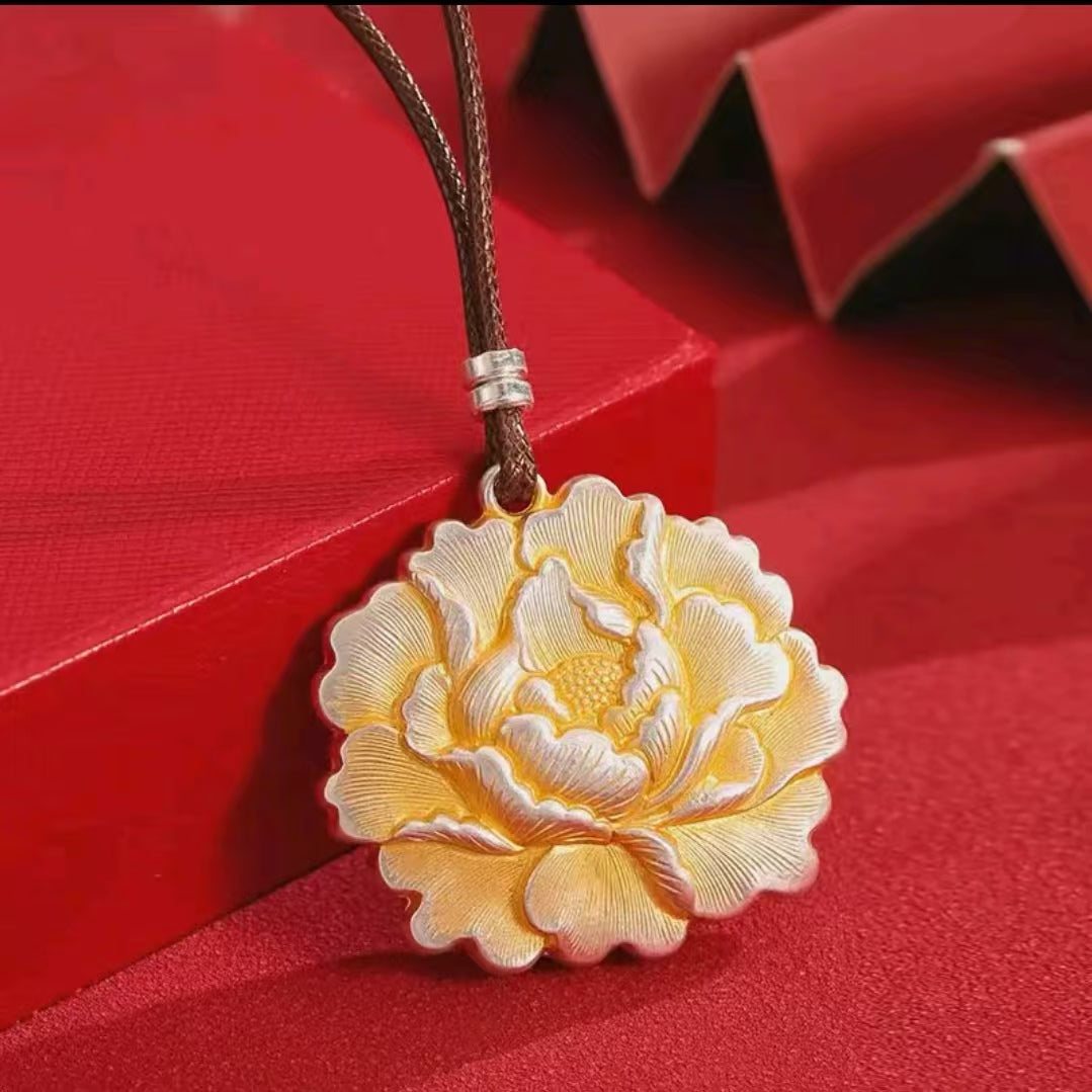 Chinese Peony Flower Pendant Necklace, Vintage Floral Statement Jewelry for Women
