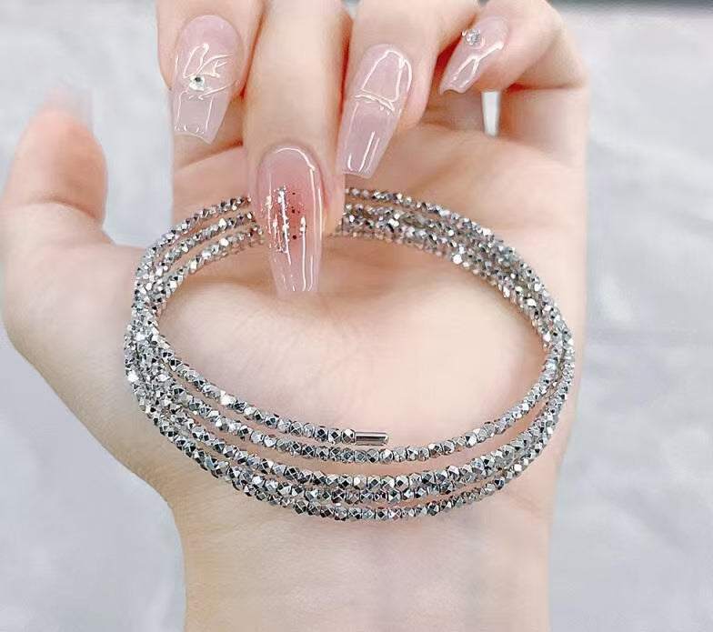 Multi-layer Sparkle Beaded Coil Wrap Bangle Trendy Women Daily Party Bracelet