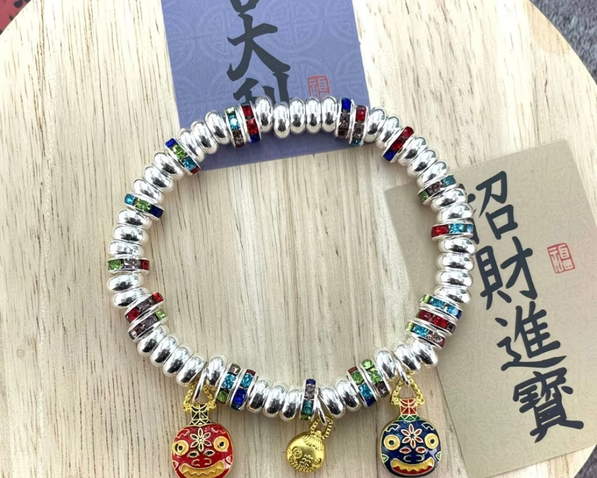 Solid Colorful Gold Swallow Bracelet with Charms, Auspicious Ruyi Vintage Oriental Jewelry