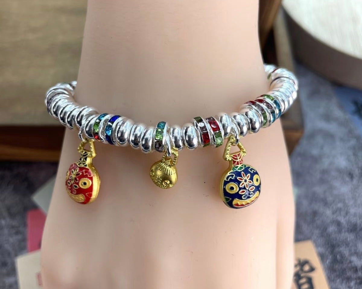 Solid Colorful Gold Swallow Bracelet with Charms, Auspicious Ruyi Vintage Oriental Jewelry