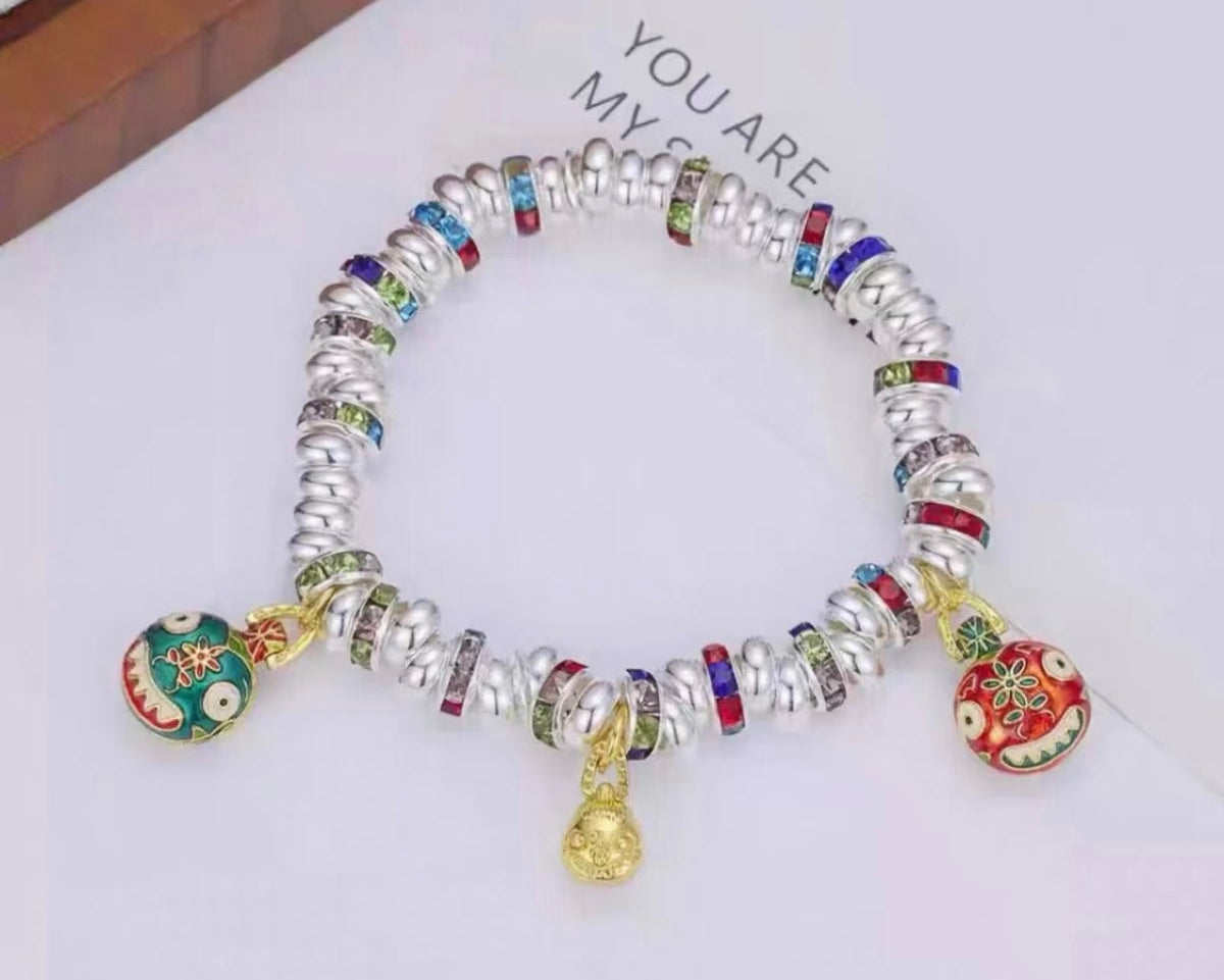 Solid Colorful Gold Swallow Bracelet with Charms, Auspicious Ruyi Vintage Oriental Jewelry
