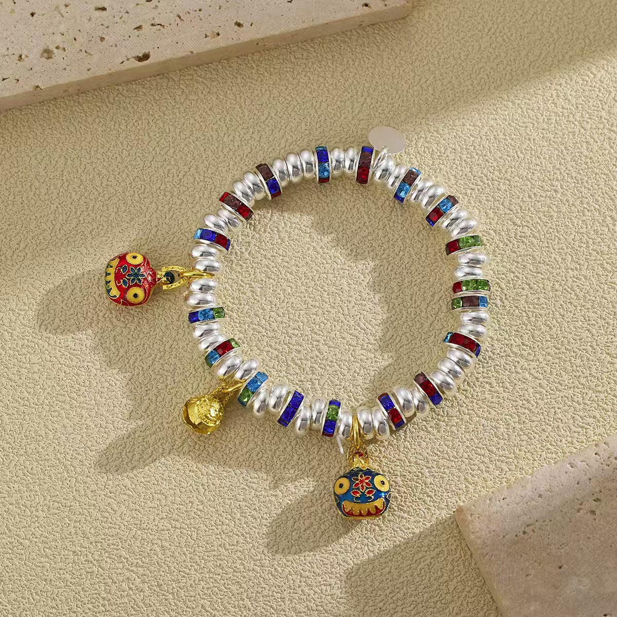 Solid Colorful Gold Swallow Bracelet with Charms, Auspicious Ruyi Vintage Oriental Jewelry